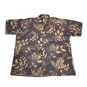 T. Bates Mens Large Tropical Leaf Print Button Up Shirt Cotton Linen Rayon Gray